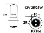 Halogeenpirn 12V 25/25W, (PX15D)