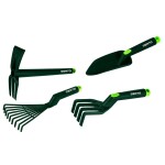 4-osaline plastmassist käsitööriistade komplekt (rehad, küünised, labidas, kõblas/küünised)